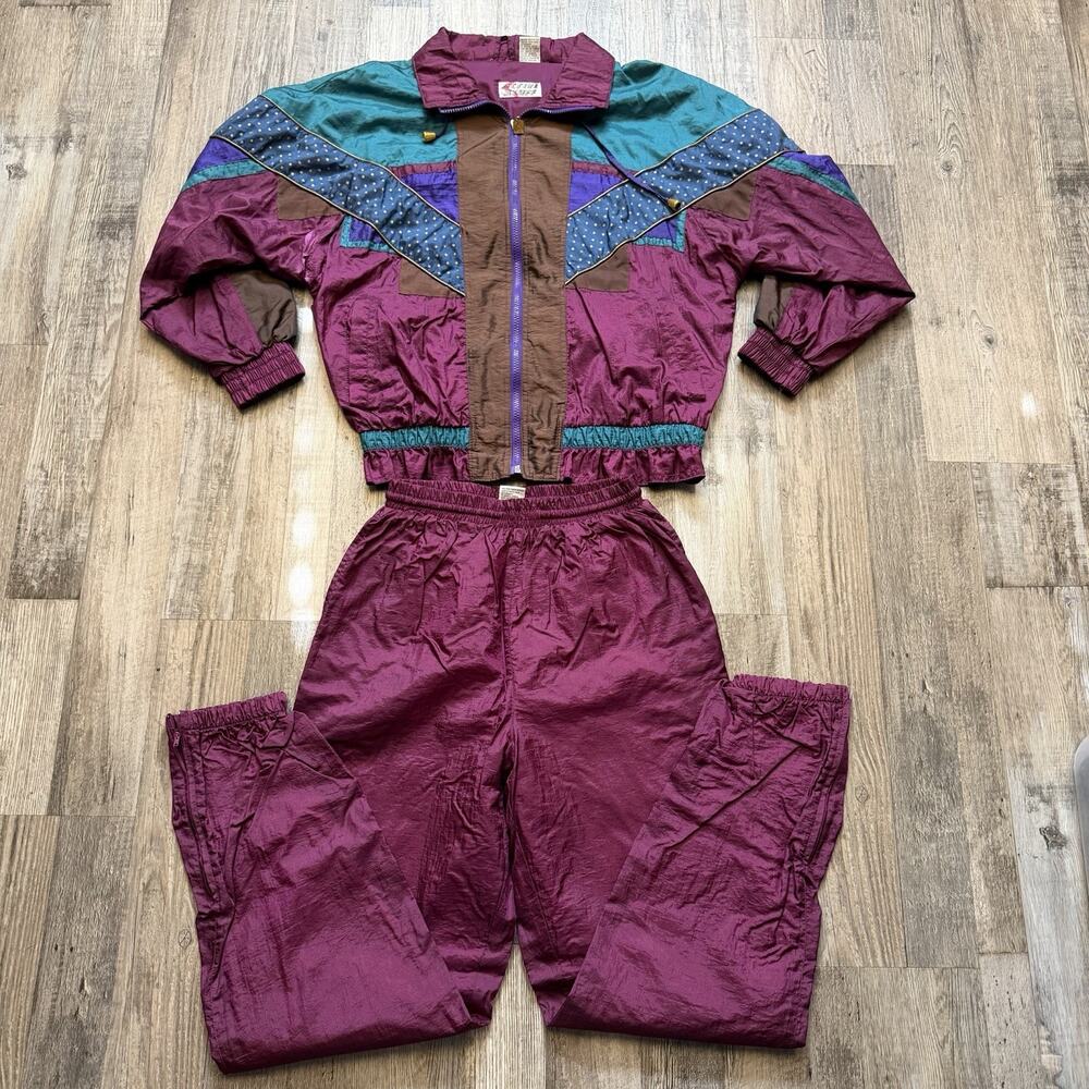 Vtg 80’s Active Stuff Lined Nylon Slacks & Jacket Outfit Set- (Size M) Geometric